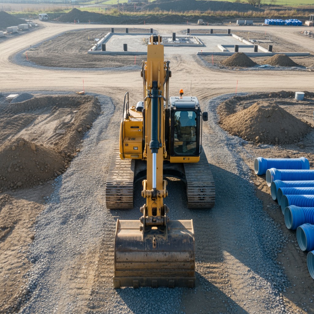 An excavator on a construction site with a yellow machine and blue pipes, bounded by gravel, with a partially built founda...