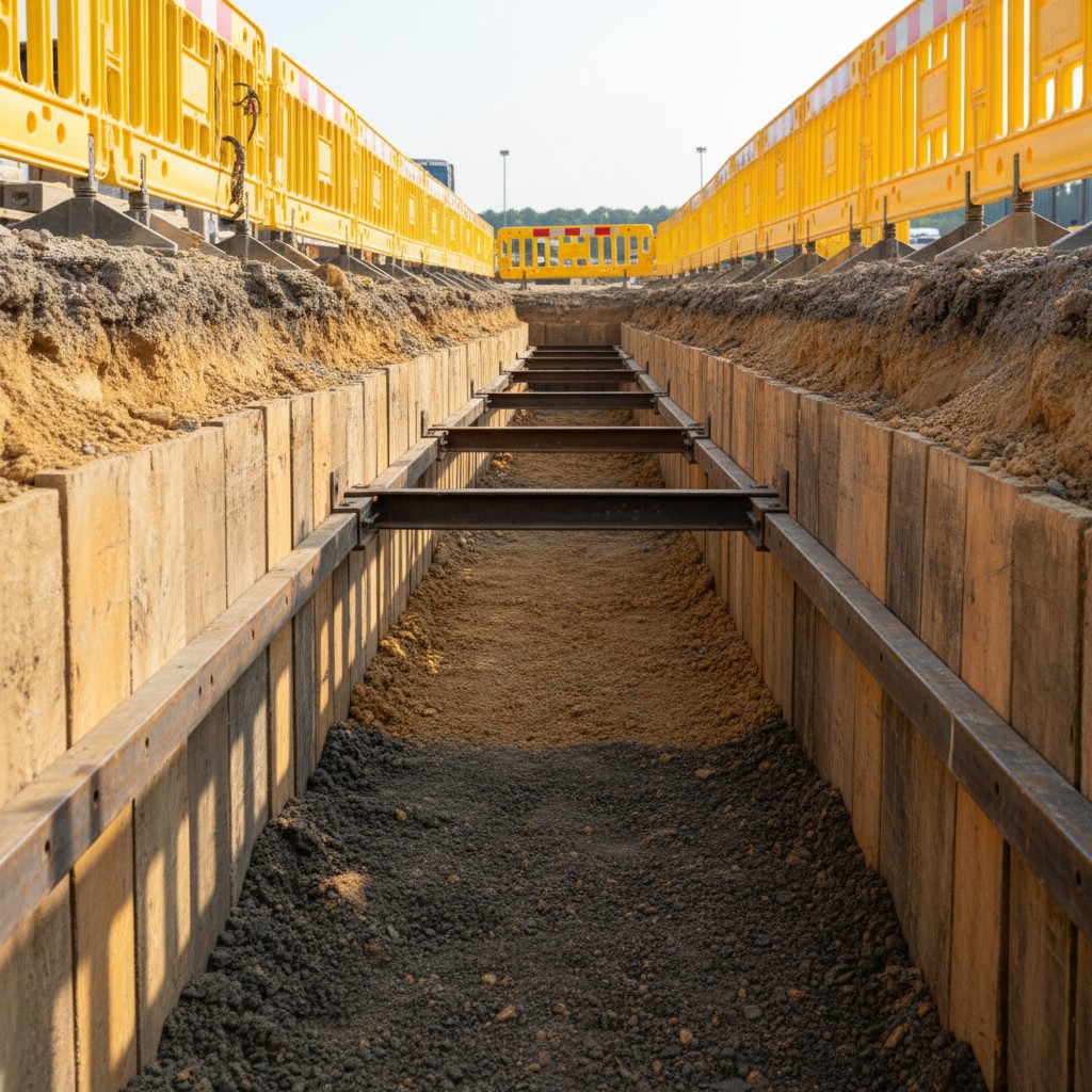 Staircase-style construction wall with a tunnel or walkway underneath it.